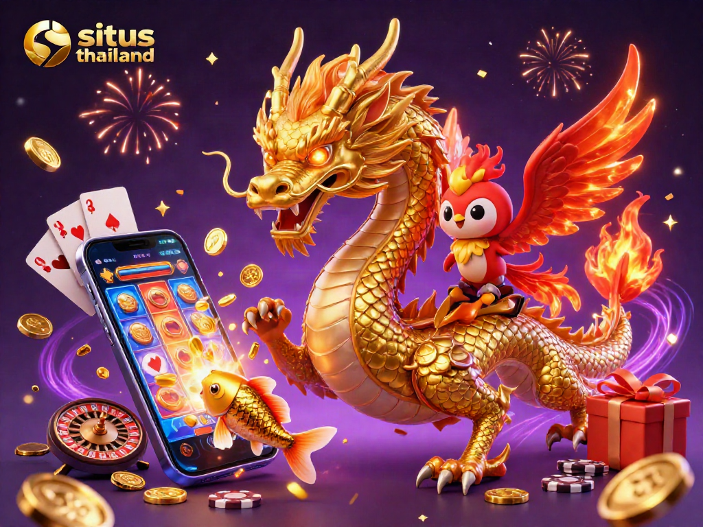 Situs Thailand features a fierce dragon and phoenix amidst a shower of coins, showcasing vibrant casino elements.