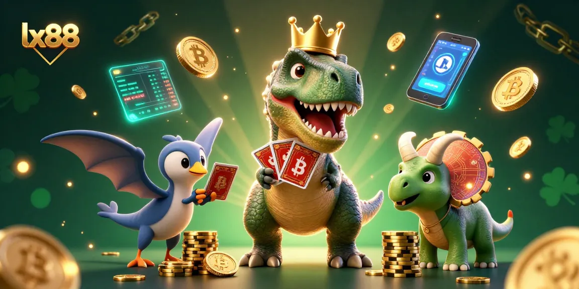 Experience the thrill of lx88 gaming with T-Rex and friends shuffling cards and stacking chips.