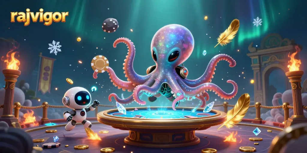 Engage with dynamic gaming scenes featuring rajavigor's exciting casino atmosphere, including holographic poker action.