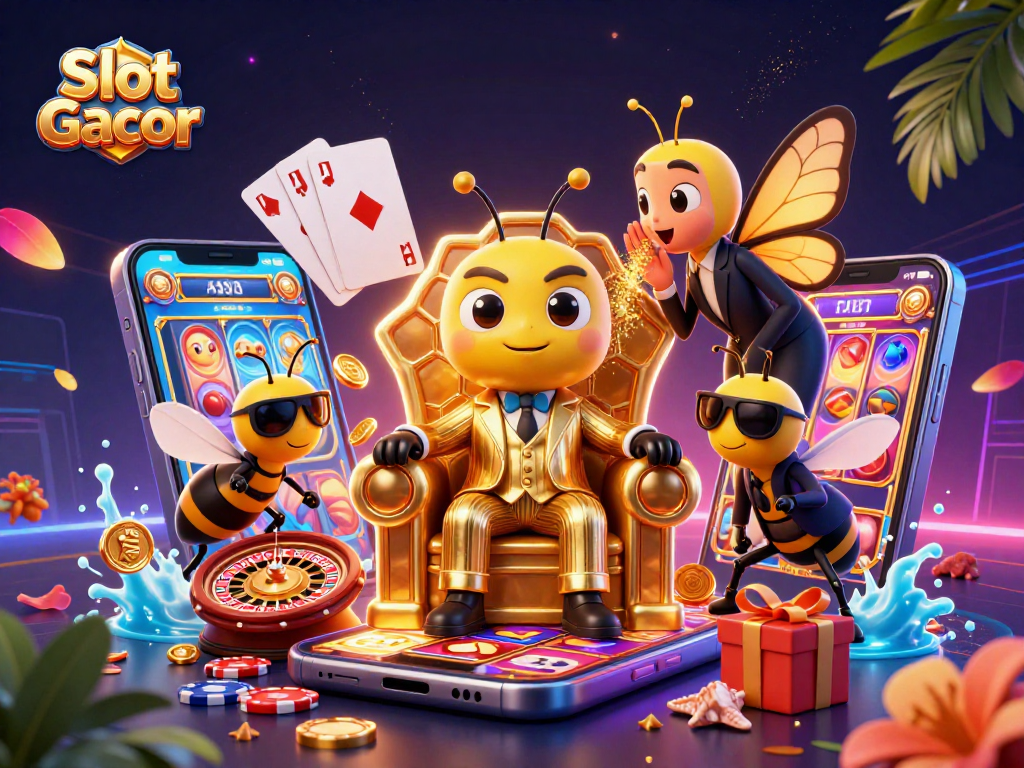 Engage with Slot Gacor in an energetic scene featuring a cartoon bumblebee mob boss and gaming elements.