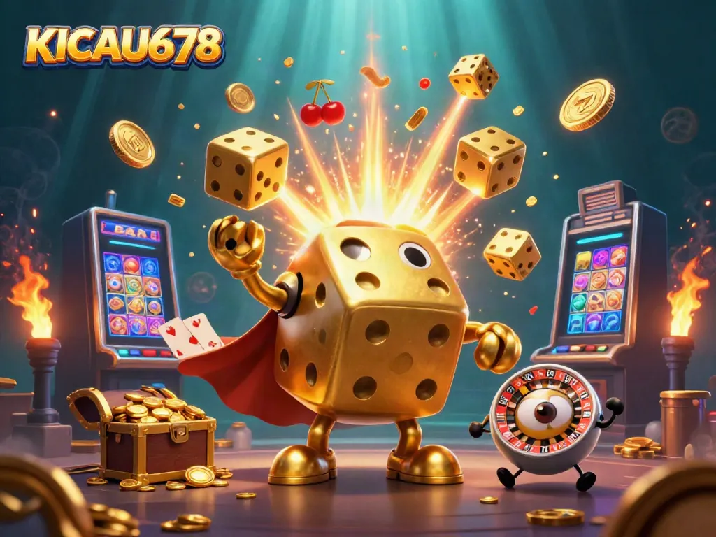 KICAU678 showcases a dynamic scene with a golden dice golem and casino elements for engaging gameplay.