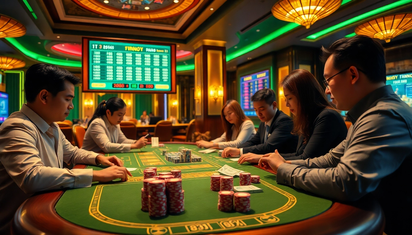 Xổ số 3 miền hôm nay players excitedly checking lottery results at a casino.