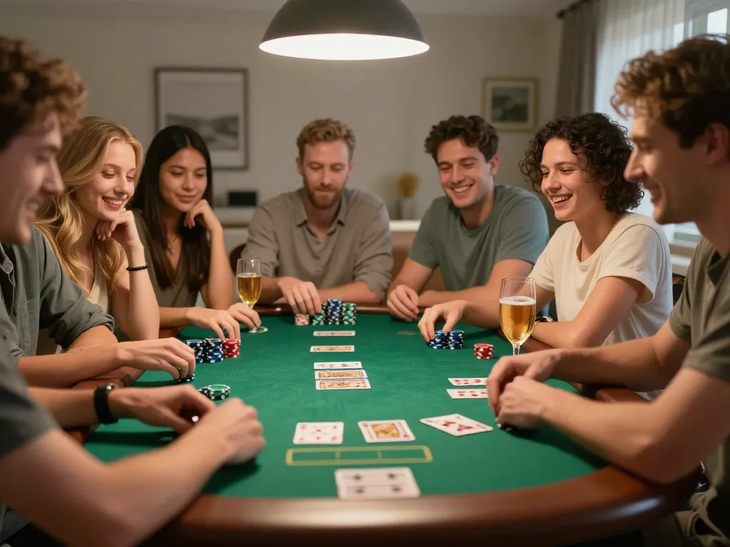 90P poker night with friends enjoying lively competition and strategy at home table