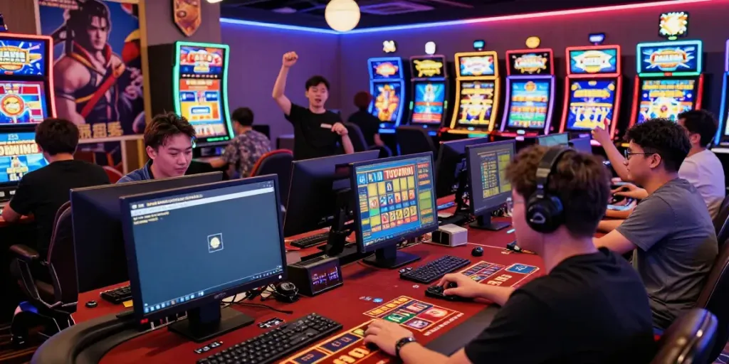 Totowin88, pemain merayakan kemenangan sambil bermain togel dan mesin slot di pusat permainan online yang meriah.