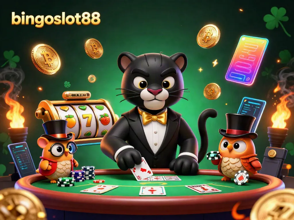 Rasakan keseruan di bingoslot88 dengan kartun panther bertuxedo dan teman-teman meriah bermain kartu.
