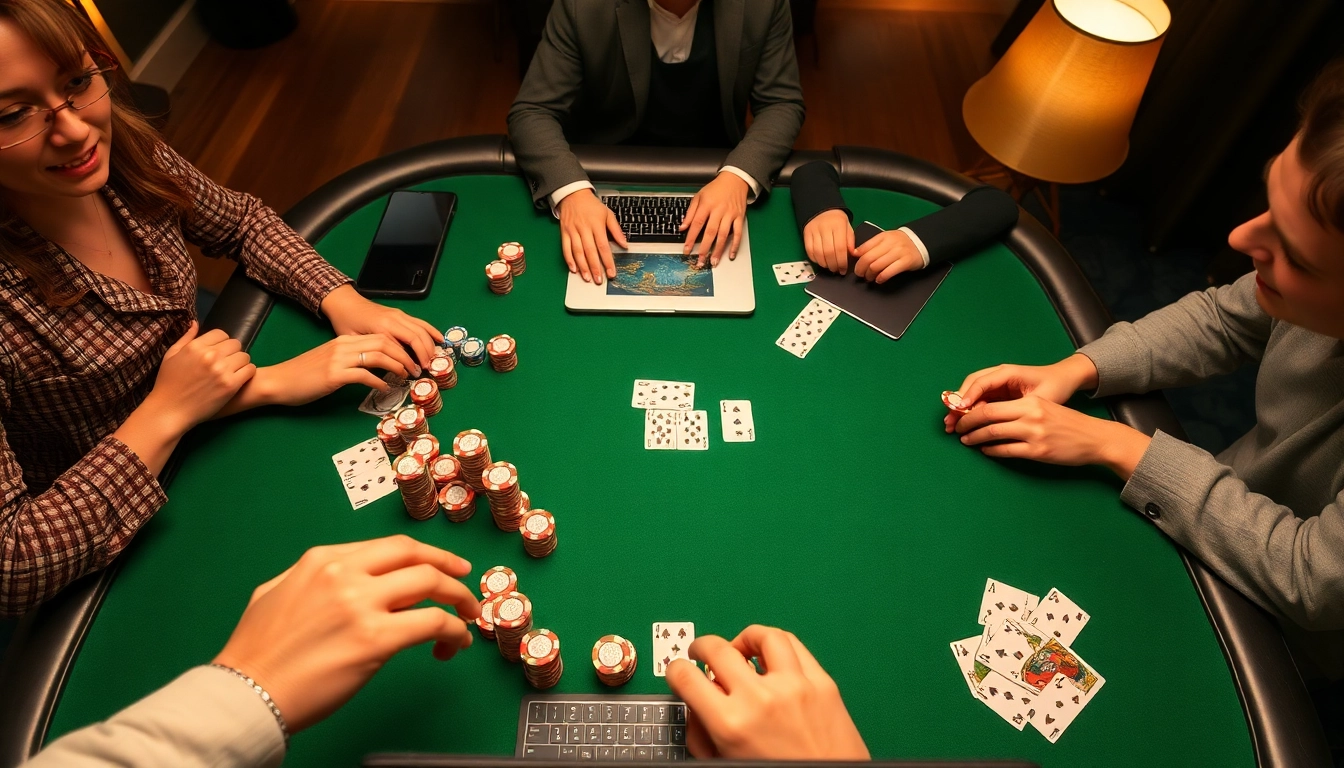 Engaged players enjoying poker online, showcasing chips and cards in a vibrant casino setting.