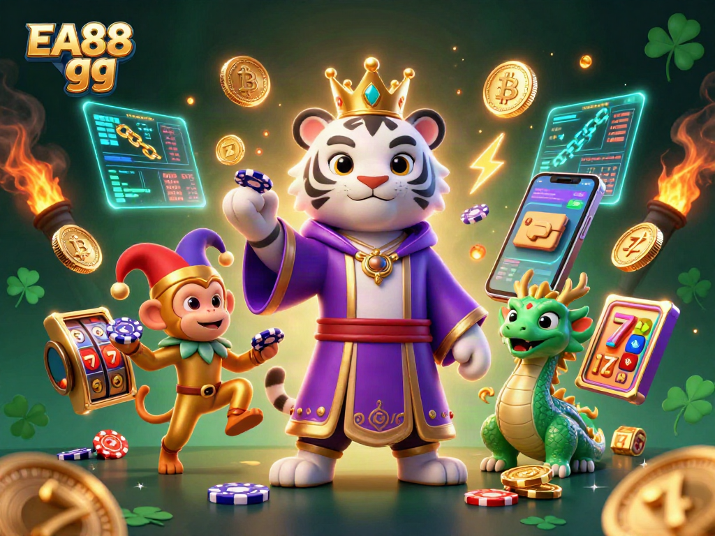 Engage in exciting gameplay at EA88 gg, featuring vibrant casino elements like poker chips and slot reels.