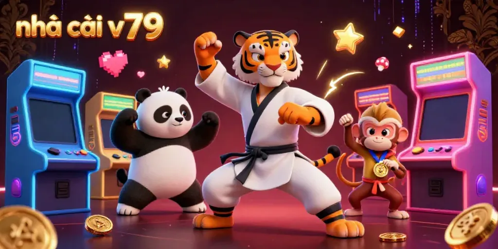 Engaging scene from nhà cái v79 with a kung fu tiger master, panda disciple, and monkey student amidst casino elements.