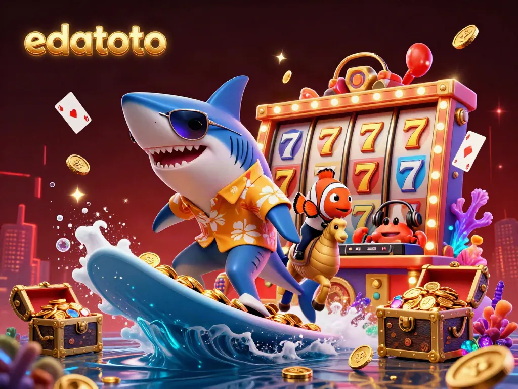 Permainan slot online di edatoto dengan ikan hiu kartun dan elemen keberuntungan lainnya.