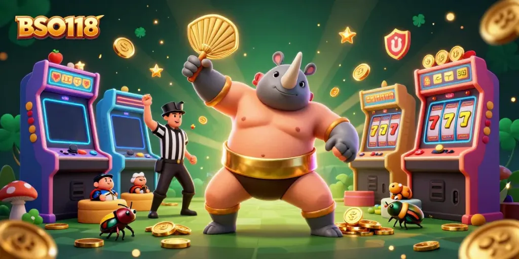 Engage with thrilling slots dynamics on BSO118 through a vibrant cartoon scene filled with interactive elements.