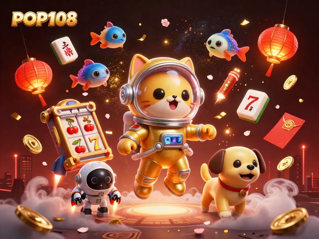 Engage with POP108 by spinning slot reels amidst vibrant space-themed elements.