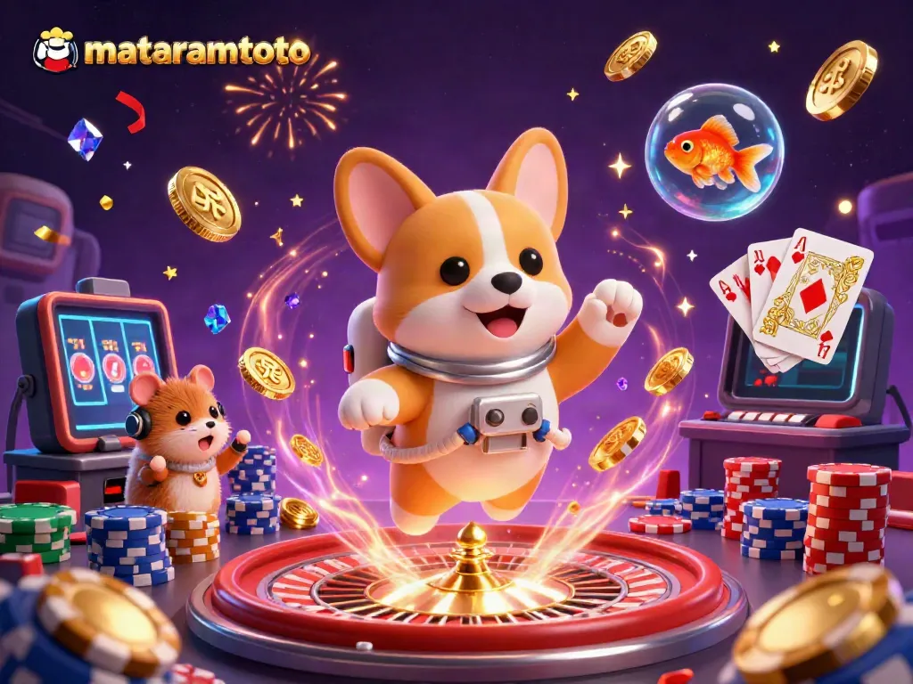 Play exciting games at mataramtoto with a floating astronaut corgi in a vibrant casino scene.