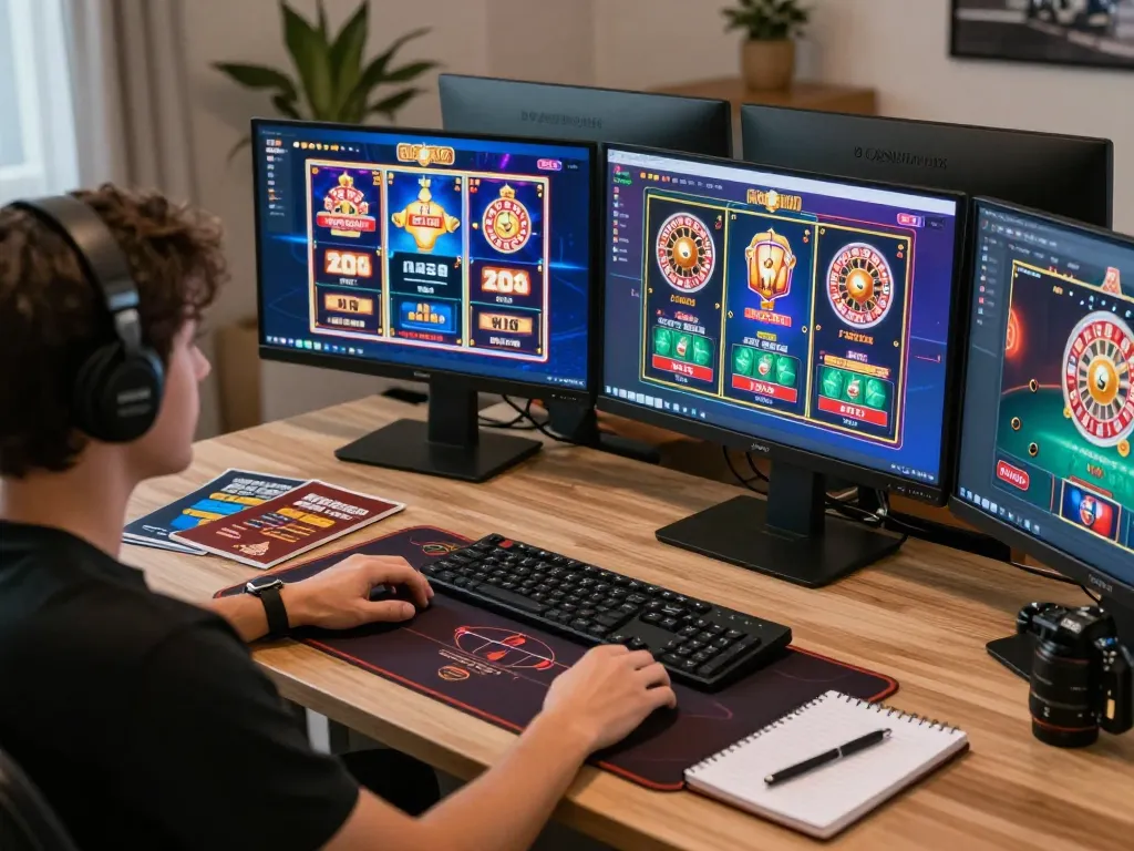 Player engaged in online casino gaming with F168, showcasing multiple game screens and strategic materials in a cozy home setup