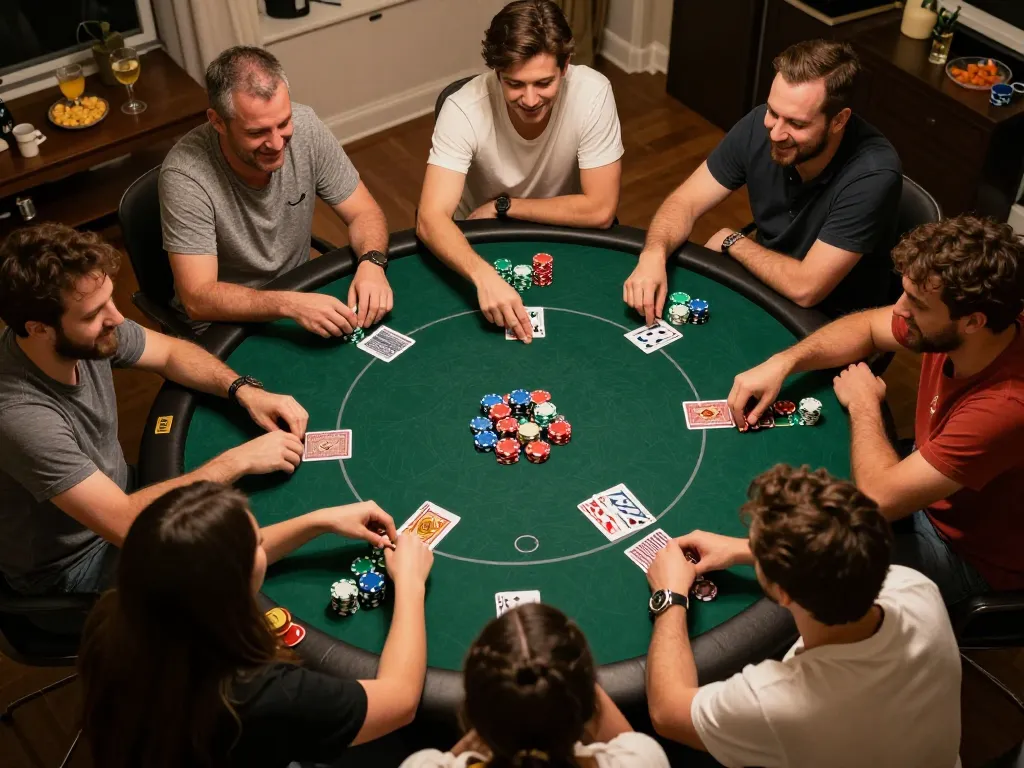 Engaged friends at a home poker game passionately enjoying BERLIAN889 Daftar, chips and cards in hand.