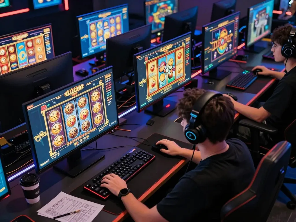 Player engaging with slot gacor games on multiple screens in a vibrant online gaming setup