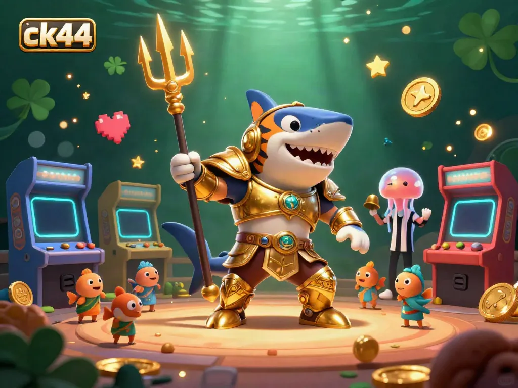 Experience thrilling underwater adventures with ck44 as vibrant arcade gaming elements surround a gladiator shark.