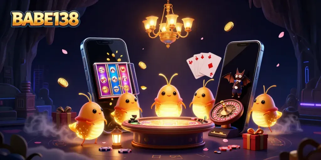 Permainan slot BABE138 yang menarik dengan karakter lucu dan suasana kasino yang penuh warna.