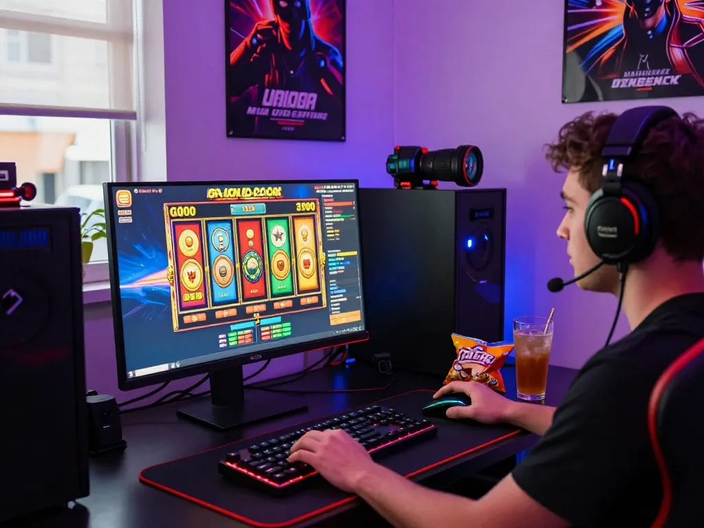 Player immersed in slot gacor gameplay with vibrant screen and gaming setup.