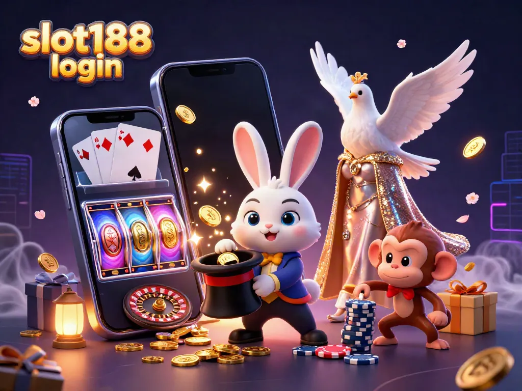 Akses slot188 login dengan aman tanpa risiko, ilustrasi menghibur karakter kasino.