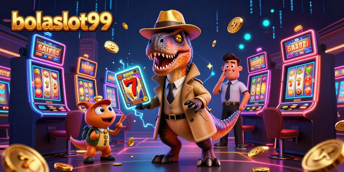 Experience thrilling jackpots with bolaslot99, featuring vibrant slots and animated characters in a bustling casino.