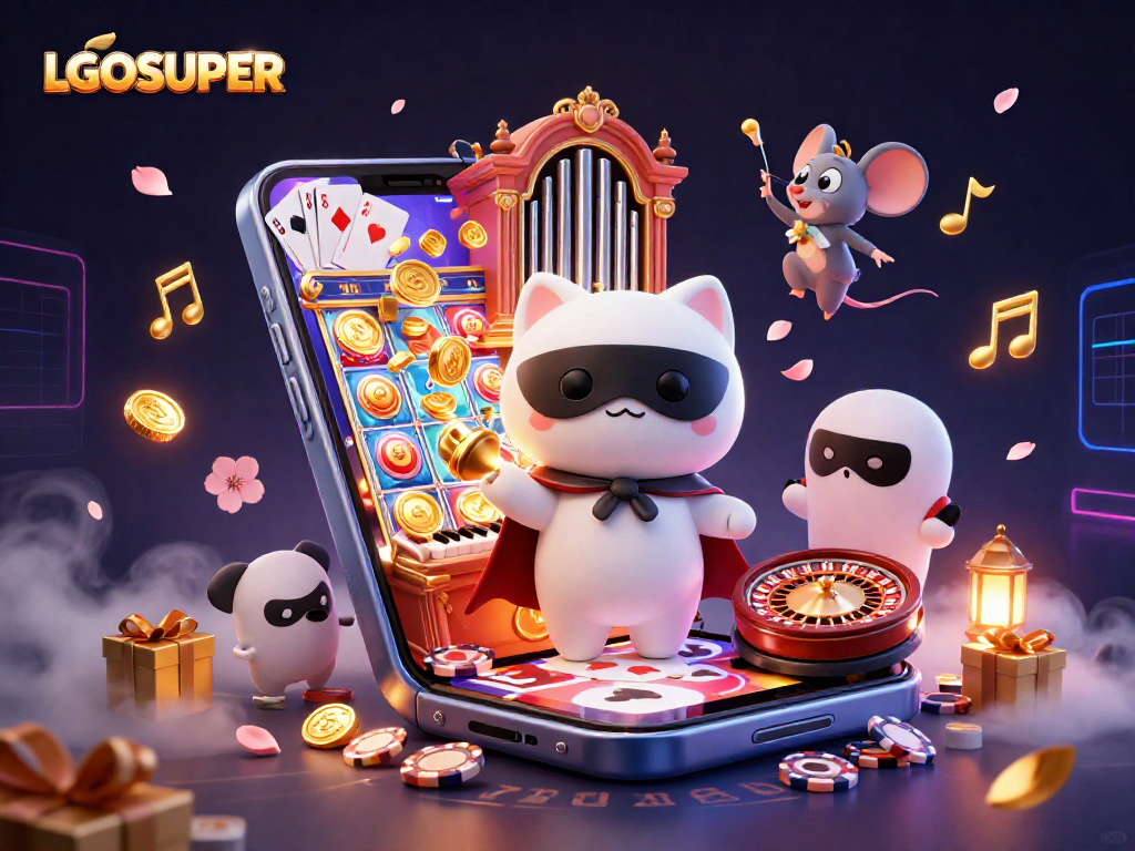 Engage with LGOSUPER gaming fun featuring a whimsical casino scene with vibrant characters and dynamic game elements.