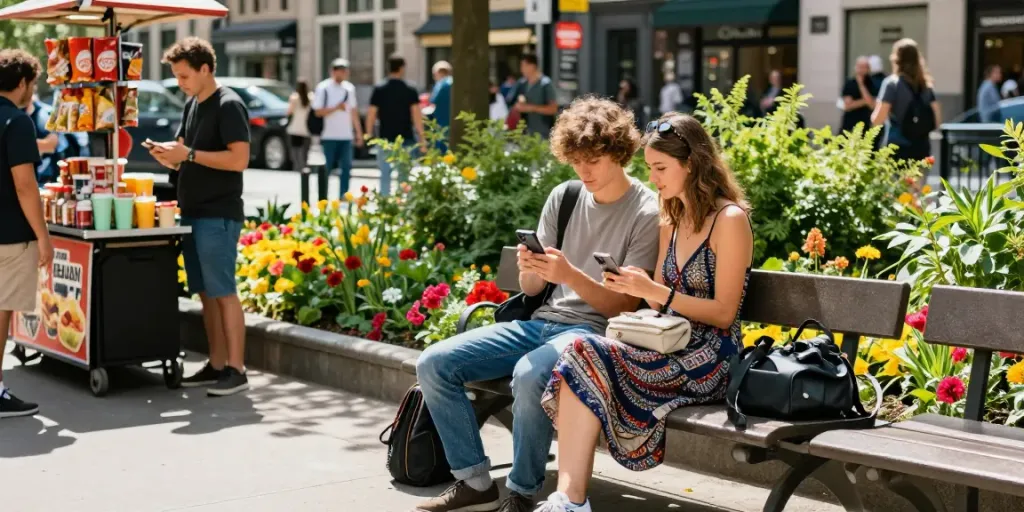 Pasangan menonton jav di smartphone dalam suasana santai di taman kota.