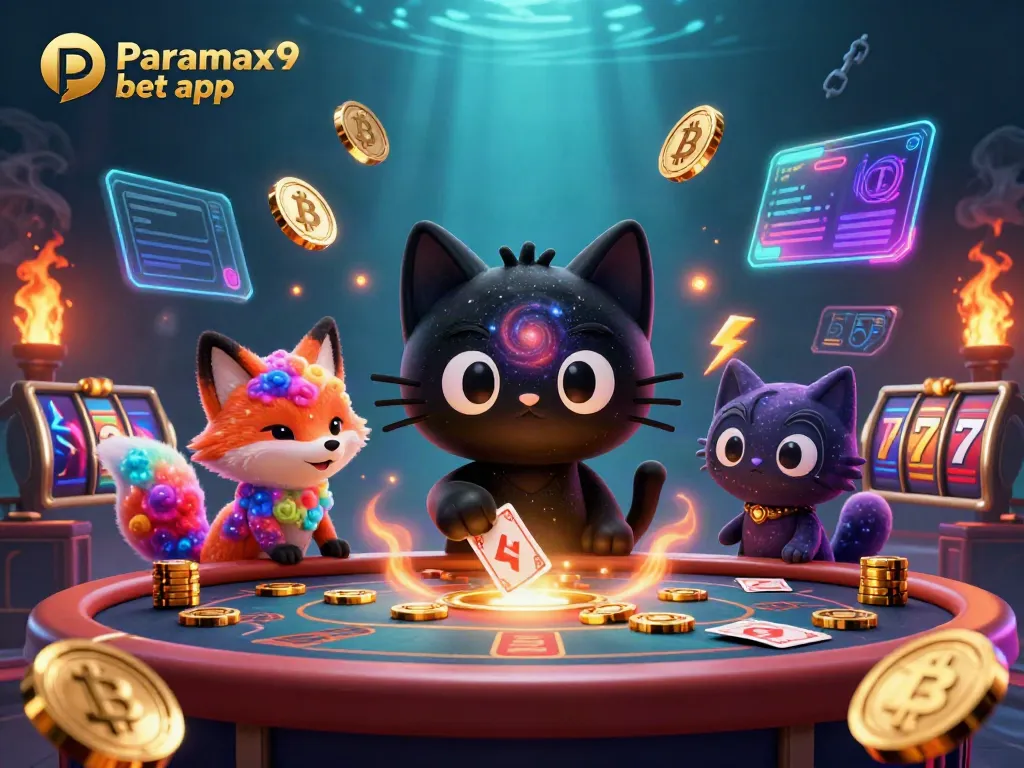 Experience the excitement of the Paramax9 bet app with cosmic gaming, glowing coins, and animated characters.