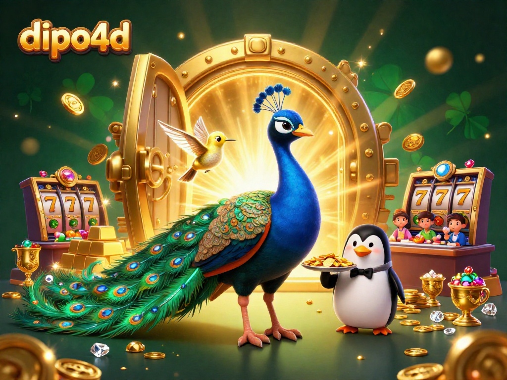 Experience the excitement of dipo4d with lively characters and slot reels lighting up the casino scene.