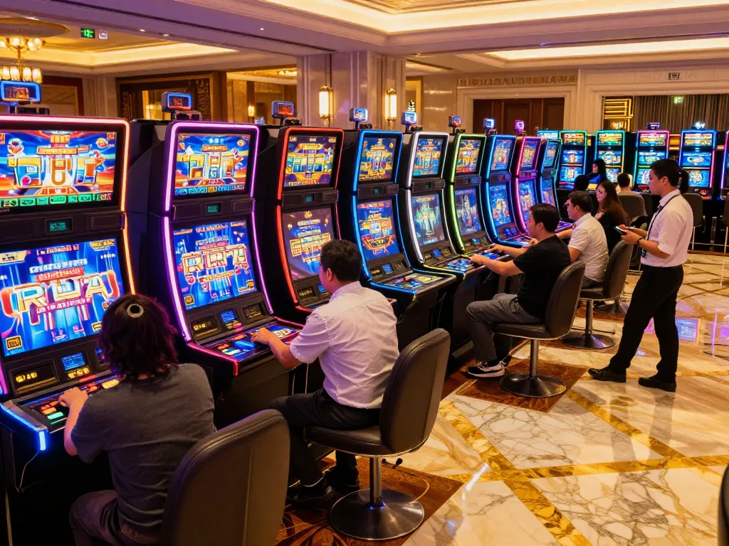 LIGALGO Login action: Engaging players at vibrant slot machines, showcasing excitement in casino.