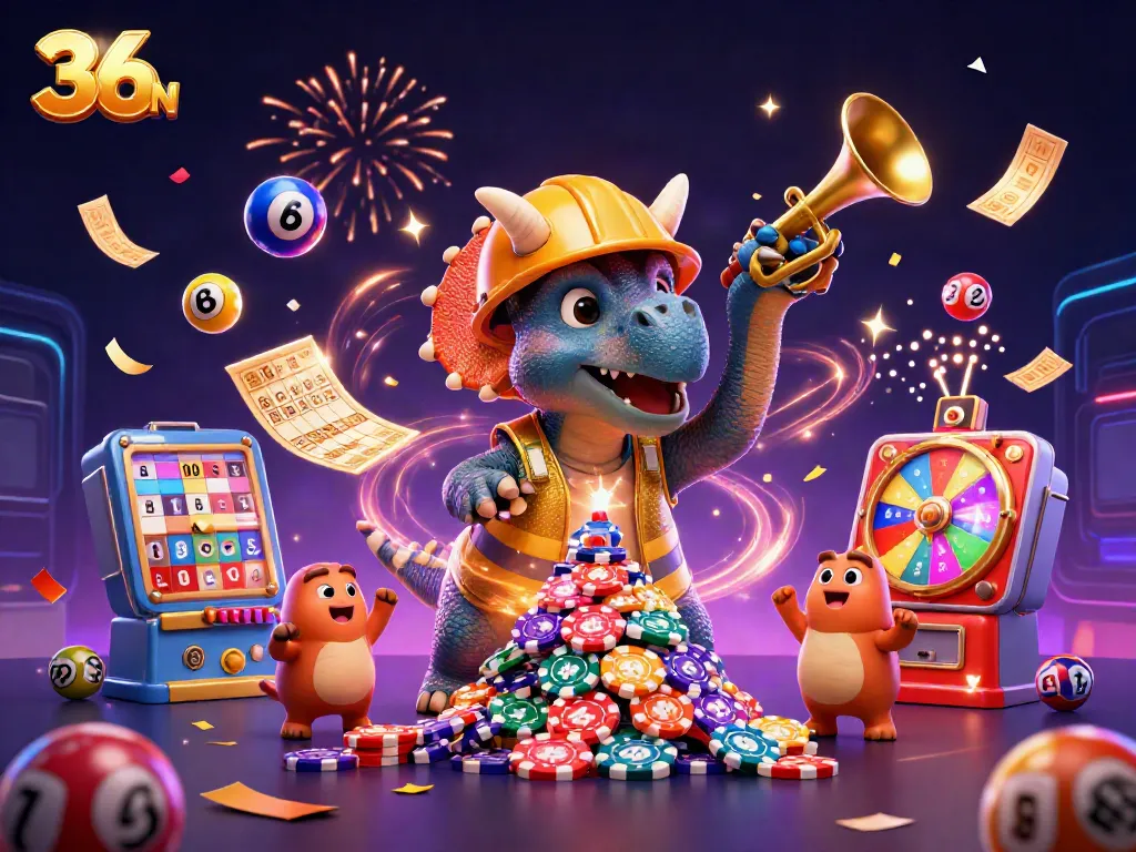 36WIN illustration showing a triceratops building poker chip pyramids with confetti celebration for online gaming.