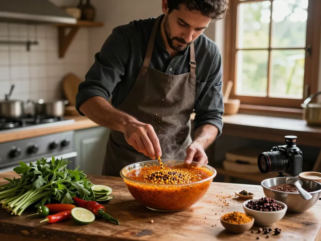 Chef menggunakan annatto dalam saus yang kaya warna dengan bahan segar di dapur rustic.
