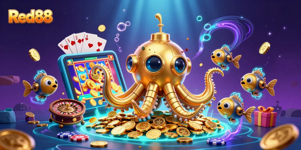 Experience exciting gaming at Red88 with a vibrant 3D illustration of a golden kraken and casino elements.
