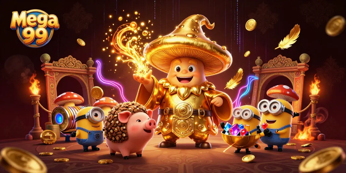 Spin the reels at mega 99 with a cartoon wizard spreading gold and treasures.