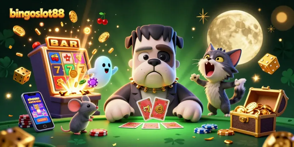 Bermain di bingoslot88 dengan karakter kartun 3D seru di meja kasino yang mengesankan.