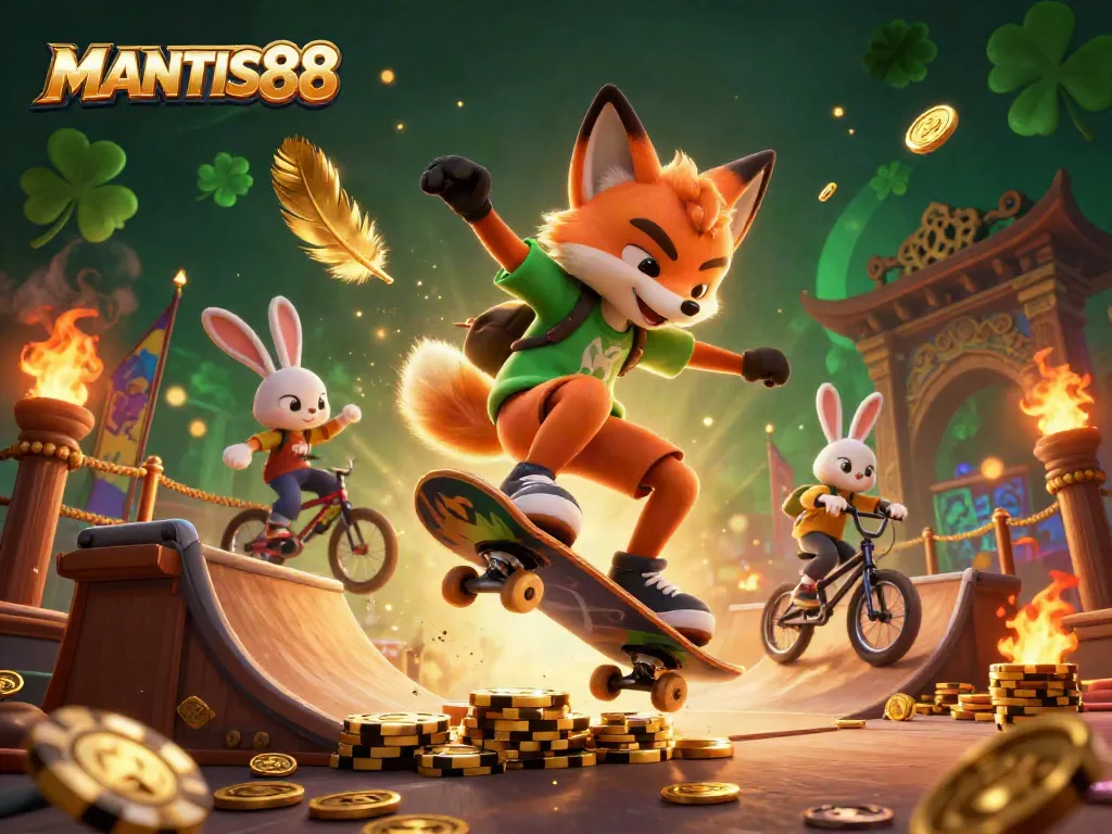 MANTIS88 brings excitement with dynamic gaming visuals, showcasing a skateboarder fox and BMX-riding rabbit in a casino-themed scene.