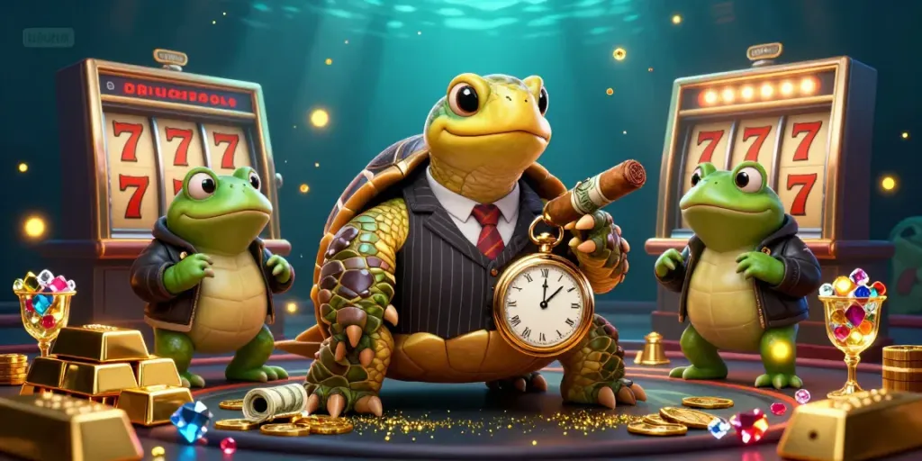 Engage in the excitement of LGODEWA with a vibrant 3D casino scene featuring a snapping turtle and bullfrog enforcers.