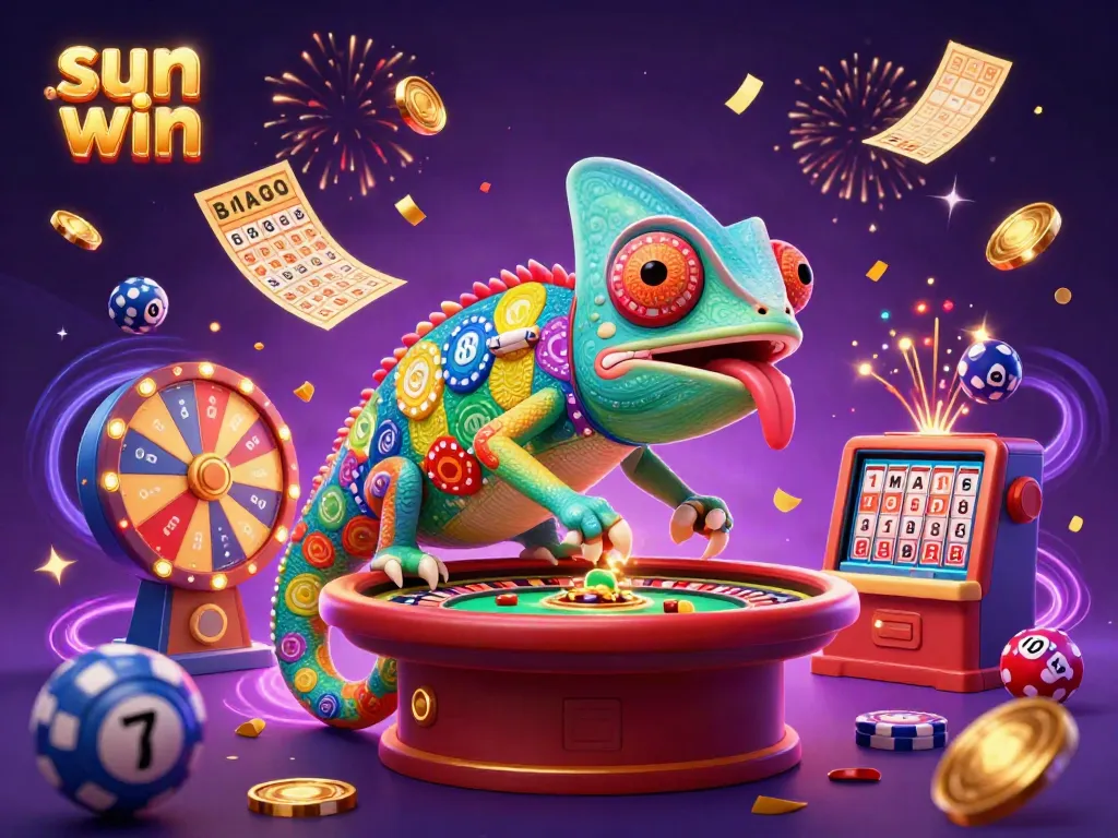 Experience the excitement of sun win with a vibrant chameleon casino owner capturing golden coins and colorful lottery balls.
