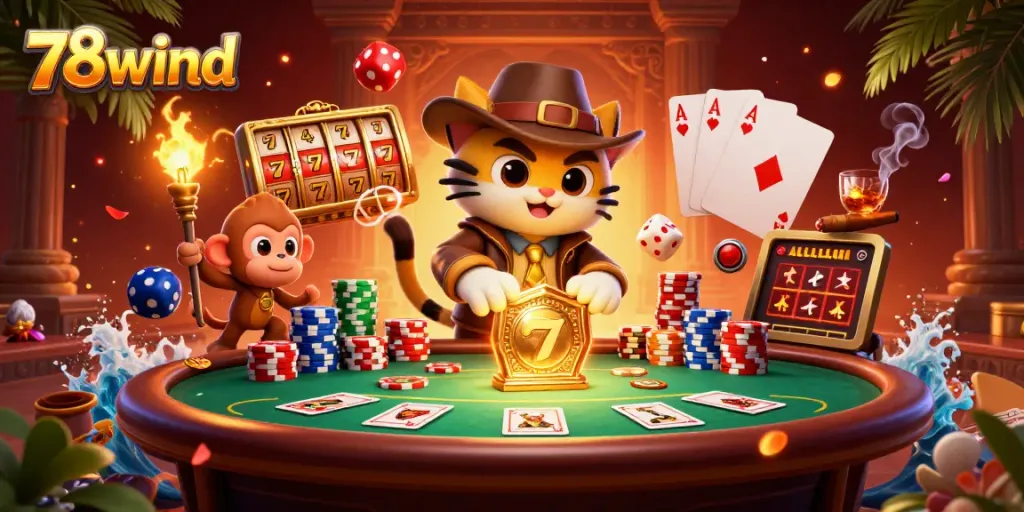 Experience thrilling wins at 78wind with a vibrant scene filled with gaming elements and dynamic characters.