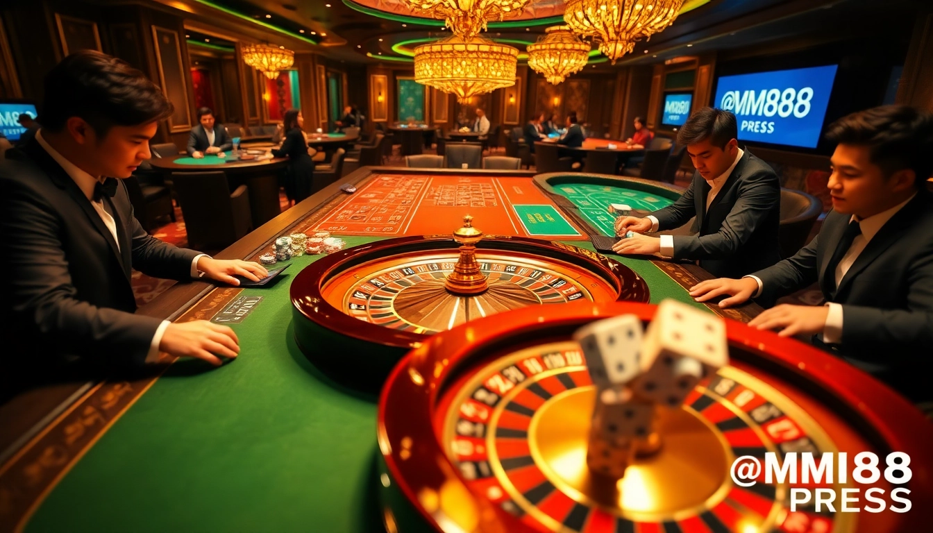 Players enjoying high-stakes games at a luxury casino, highlighting MM88 PRESS with vibrant roulette action.