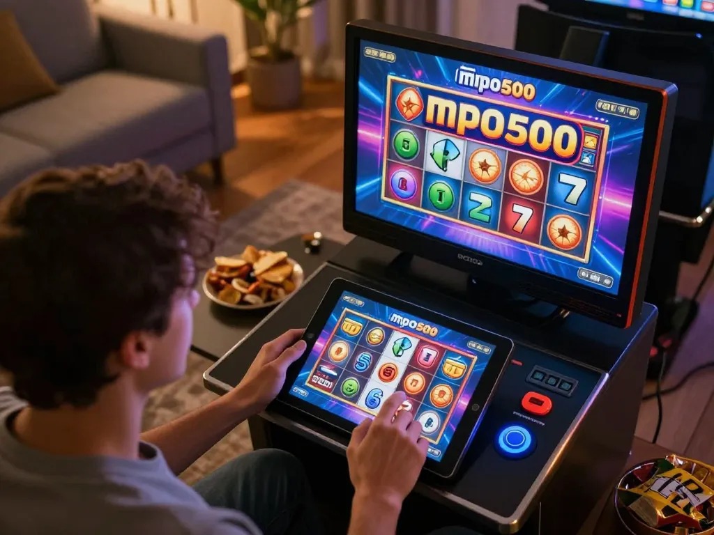 Player engaging in exciting mpo500 online slot game on tablet in cozy home setting