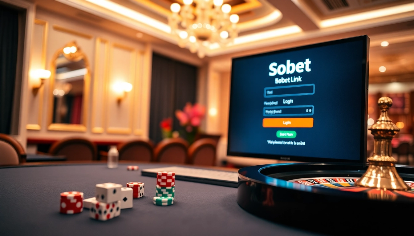 Engaging sbobet link login interface with casino elements like chips and roulette in a vibrant setting.