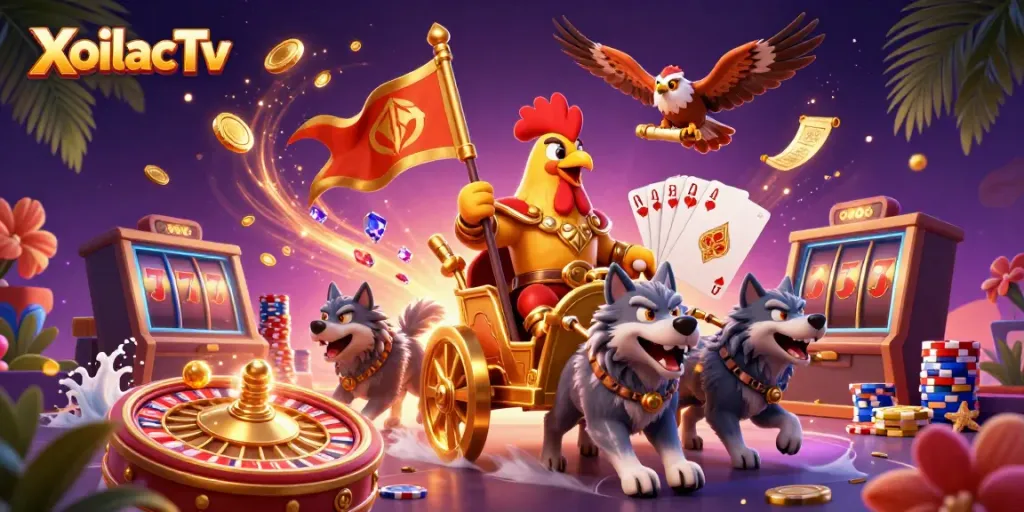 XoilacTv illustrates a lively and colorful casino scene with cartoon characters amidst gaming elements.