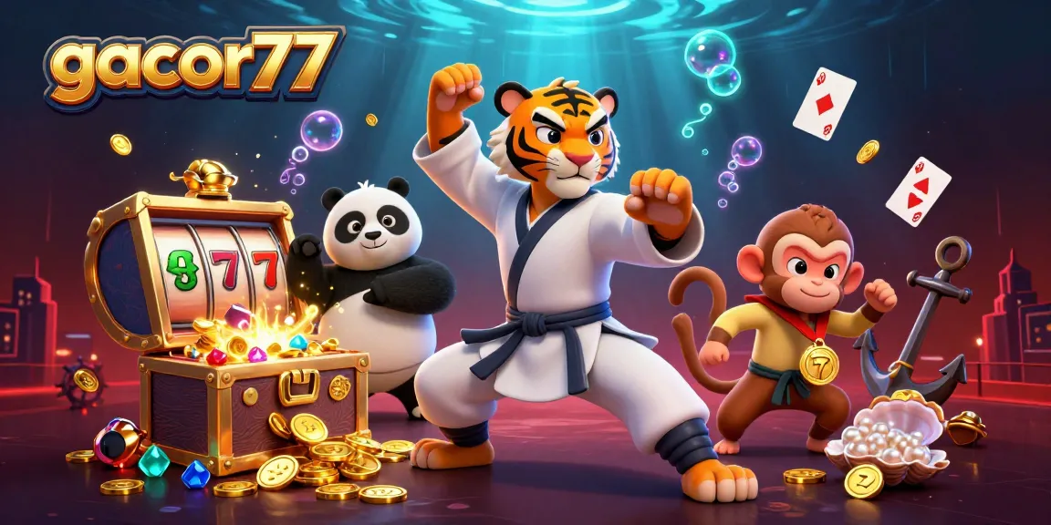Gacor77 menghadirkan ilustrasi menarik dengan karakter kasino dan simbol permainan slot yang memikat.