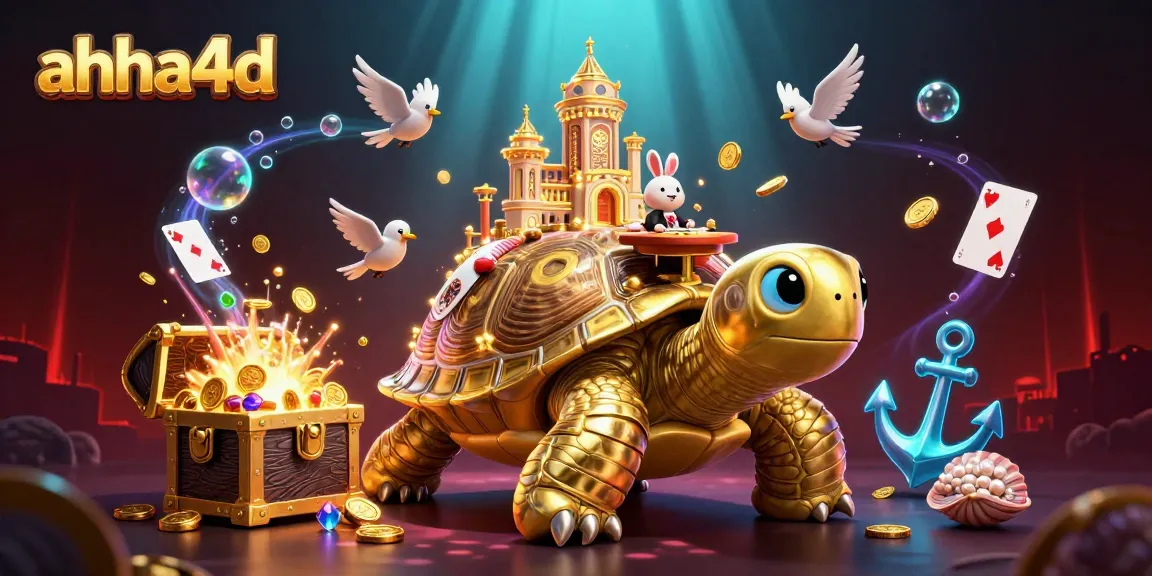 Experience thrilling gameplay with ahha4d's vibrant casino scene featuring a golden tortoise and rabbit dealer.