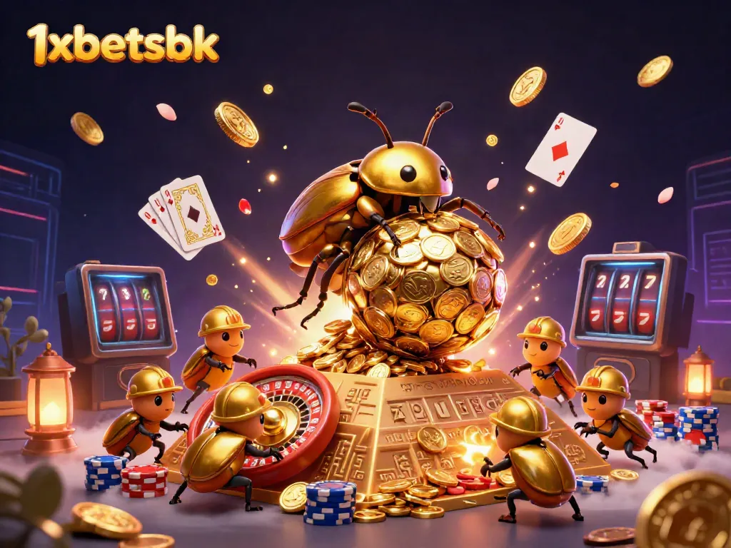 Experience the thrill of betting with 1xbetsbk as golden coins and gems cascade in a vibrant casino scene.