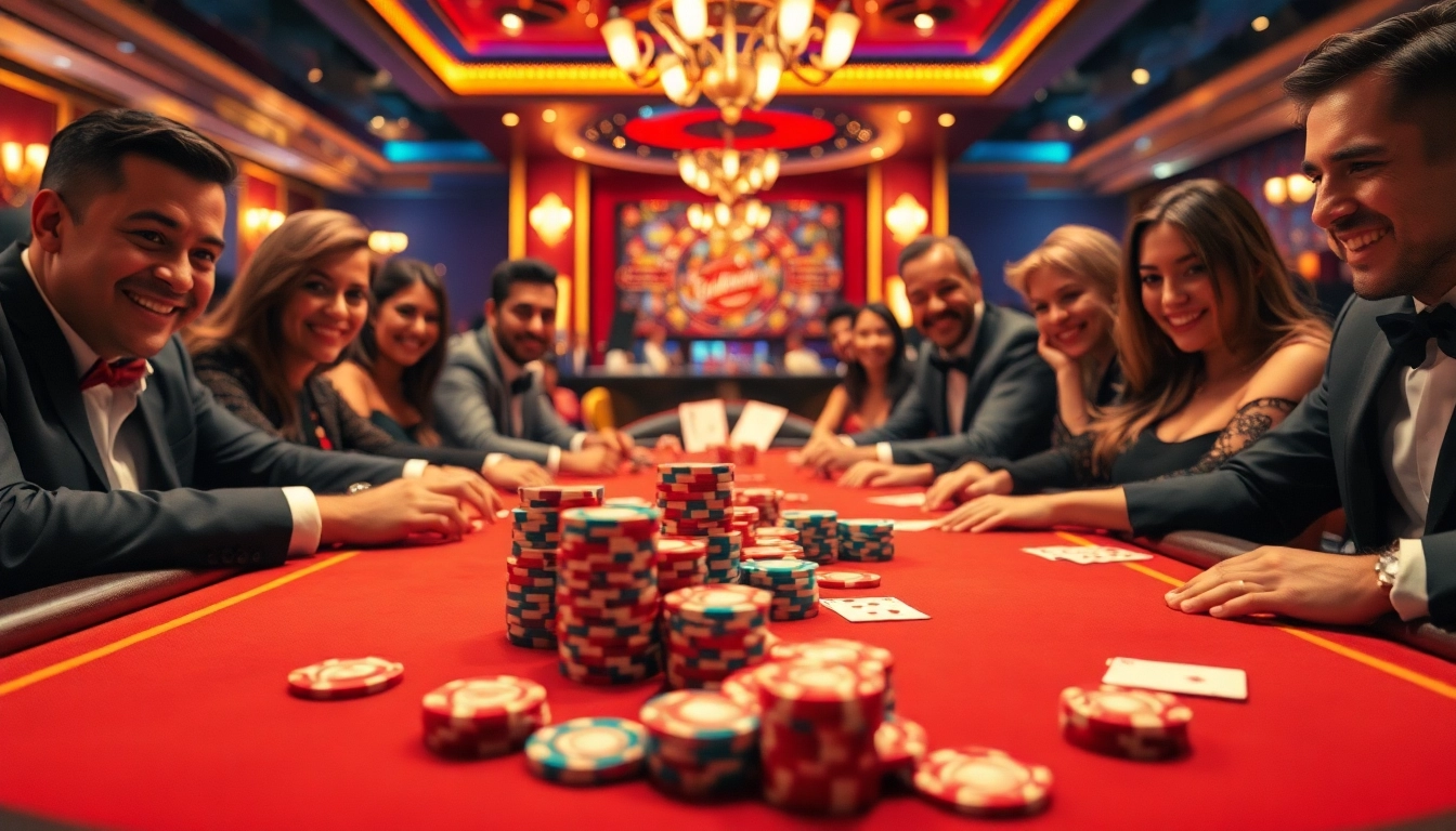 Permainan ondel4d di meja poker yang ramai, mencerminkan suasana kasino yang meriah.