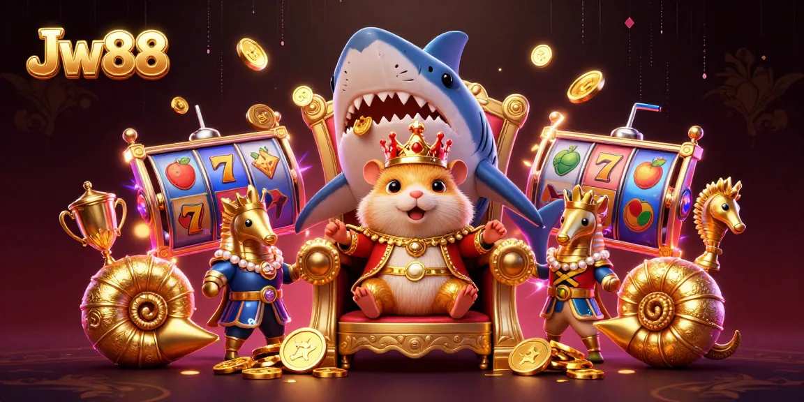 Experience Jw88's vibrant casino scene featuring a hamster king surrounded by dynamic slot elements.