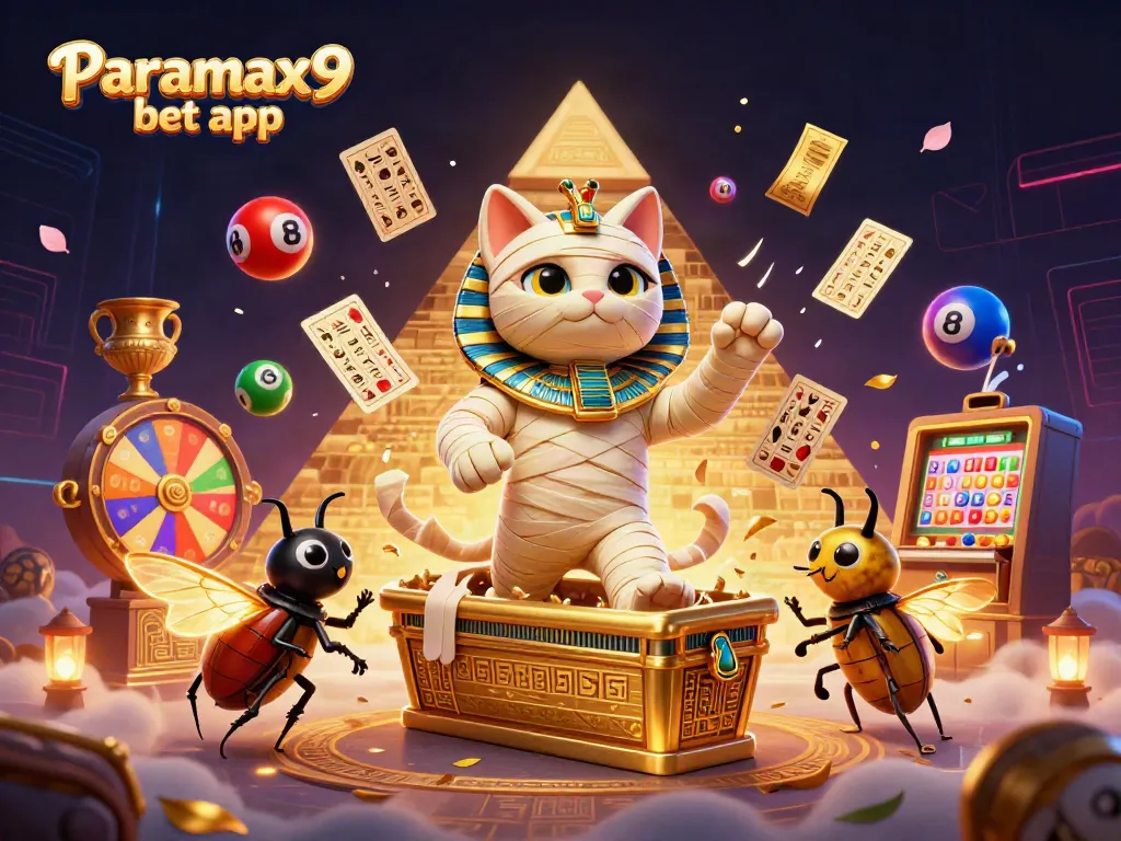 Experience the excitement of the Paramax9 bet app with a vibrant casino scene featuring an Egyptian mummy cat and a scarab beetle.