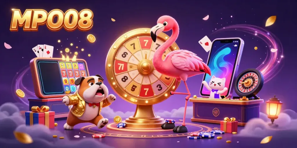 Engage with MPO08’s thrilling gaming experience featuring a game show host and exciting casino elements.