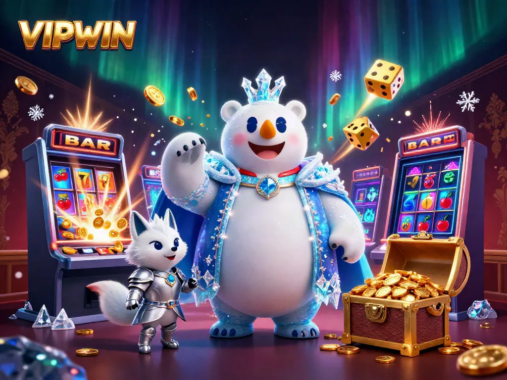 Play thrilling games at VIPWIN with a vibrant scene of a polar bear king and a silver-armored fox.